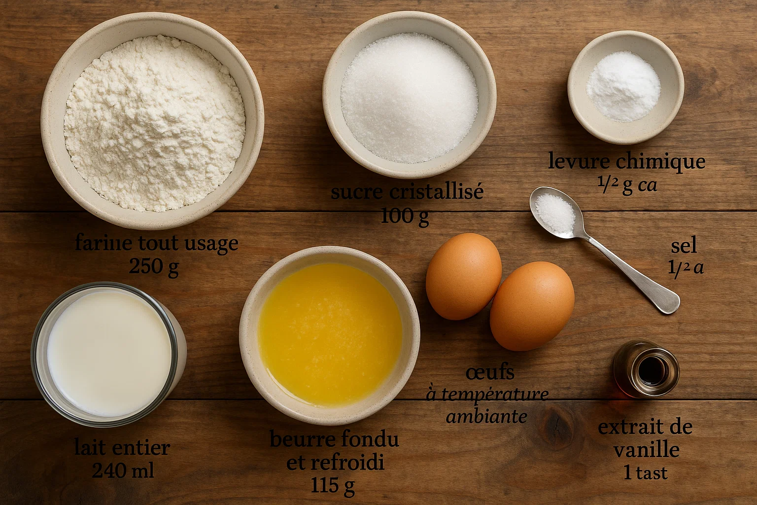 Ingrédients pour Gaufres du Nord : farine, sucre, œufs, lait, beurre, levure chimique et vanille.