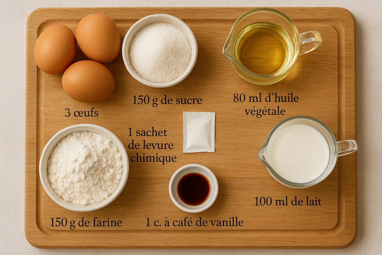 Un assortiment d'ingrédients de pâtisserie pour un gâteau moelleux, comprenant des œufs, de la farine, du sucre, du lait, de l'huile et un sachet de levure.