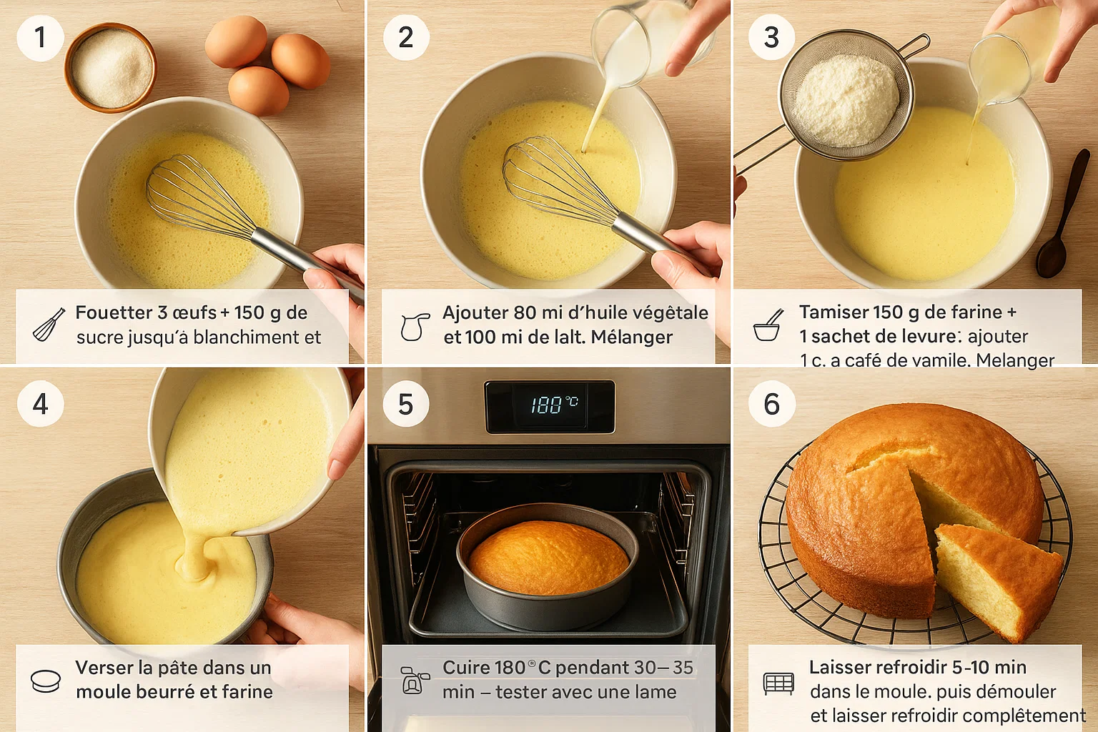 Une image composite montrant quatre étapes clés de la préparation d'un gâteau moelleux : ingrédients, mélange de la pâte, gâteau cru dans le moule, et gâteau doré après cuisson.