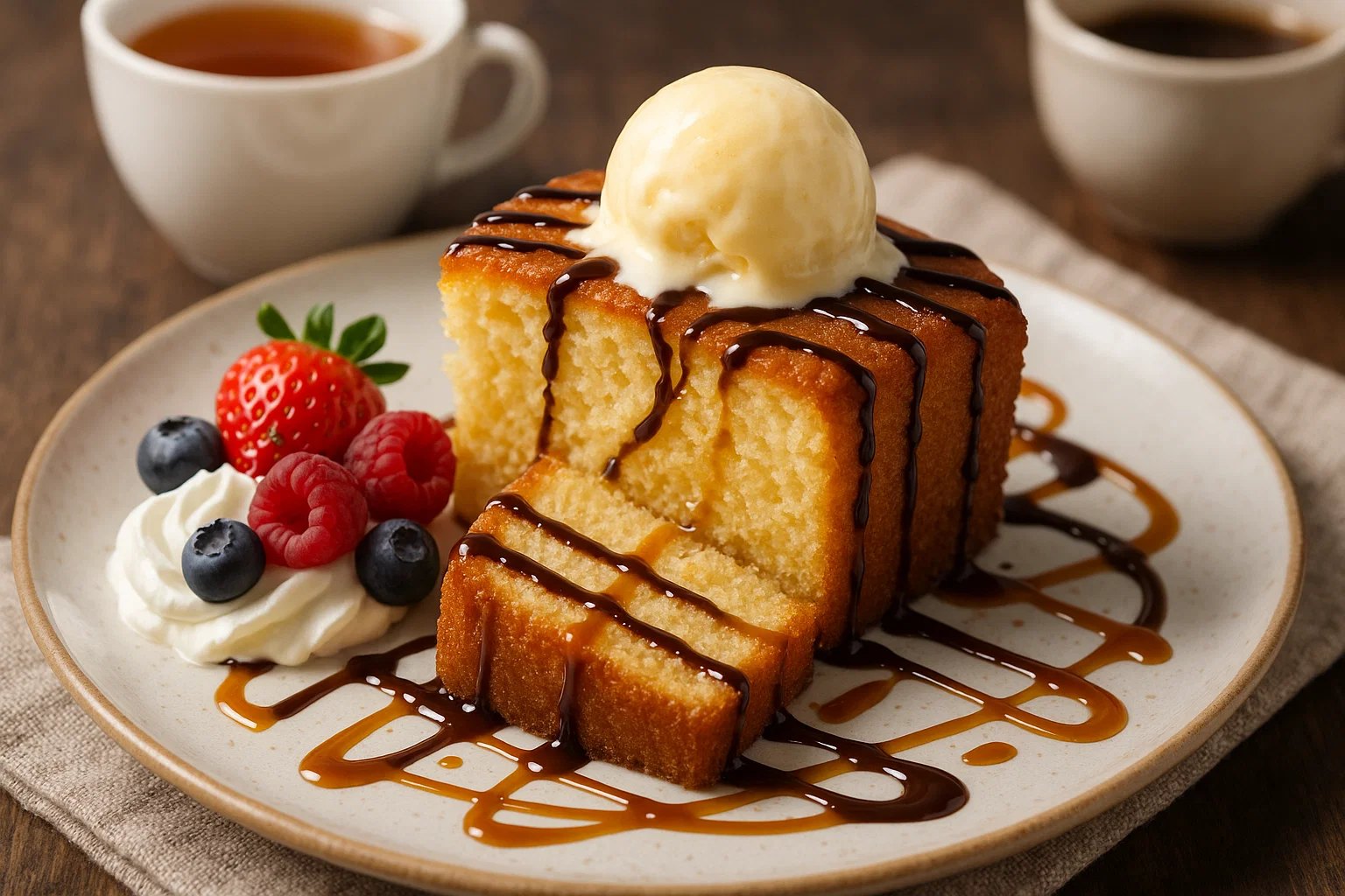 Une tranche de gâteau moelleux avec une texture légère et aérée sur une assiette blanche, saupoudrée de sucre glace.