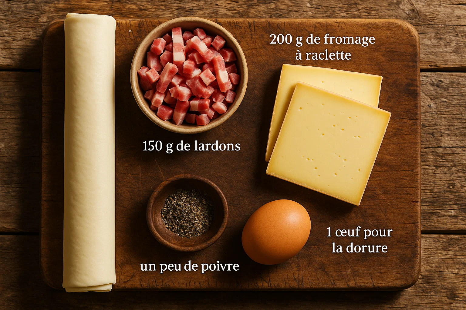 Ingrédients pour Croissants Lardons-Raclette Les ingrédients de base de la recette disposés sur une table en bois : un rouleau de pâte feuilletée, des lardons, un bloc de fromage à Raclette, un œuf et un moulin à poivre.