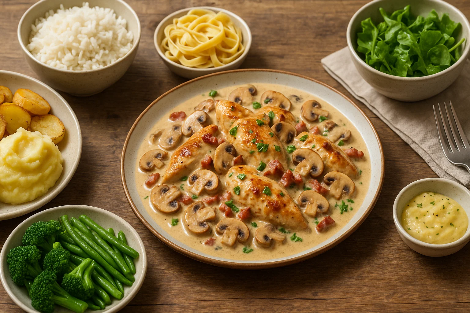 Une assiette généreuse d'émincés de poulet, de lardons et de champignons, garnis de persil frais, avec de la purée de pommes de terre en accompagnement.