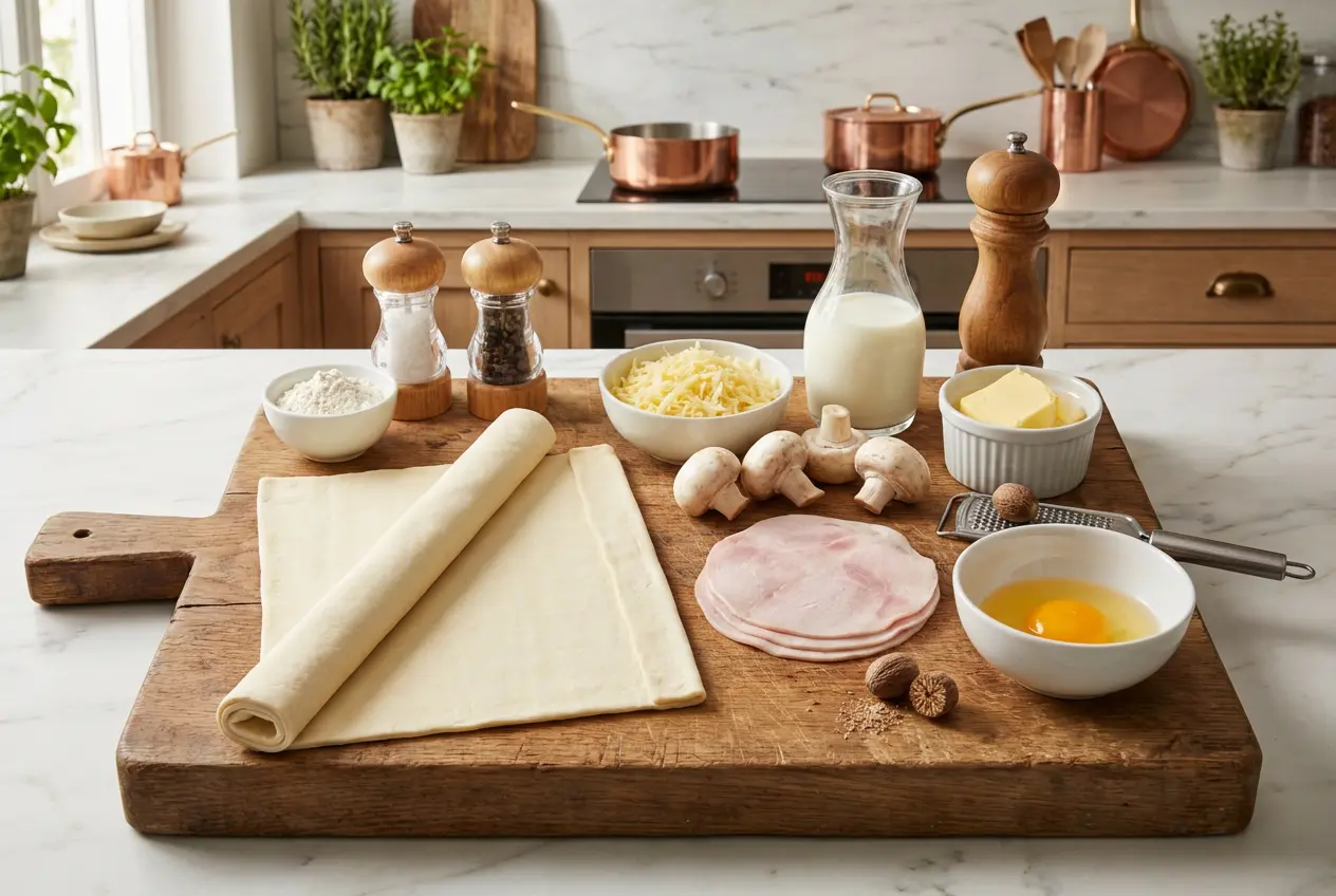 Ingrédients Ingrédients frais pour une tresse feuilletée au jambon, champignons et fromage