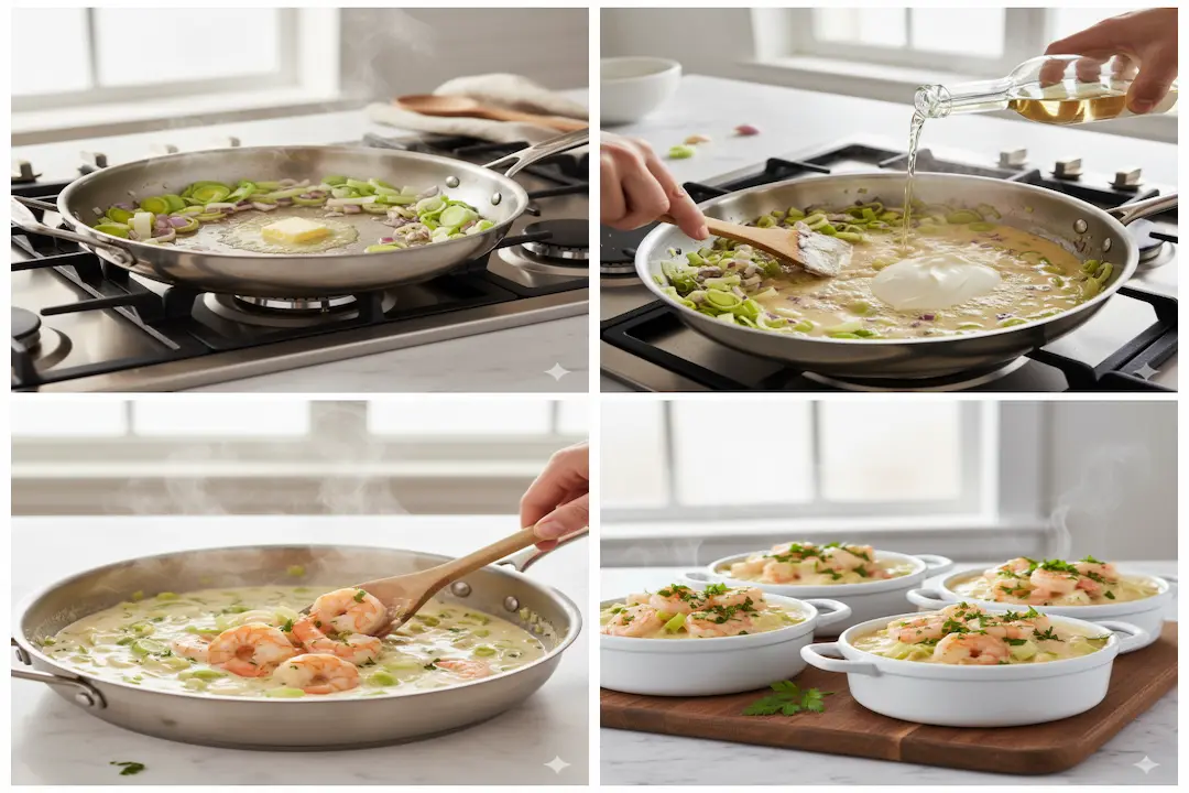 Cuisson poireaux échalotes, ajout farine, vin blanc, crème fraîche en poêle pour sauce onctueuse.