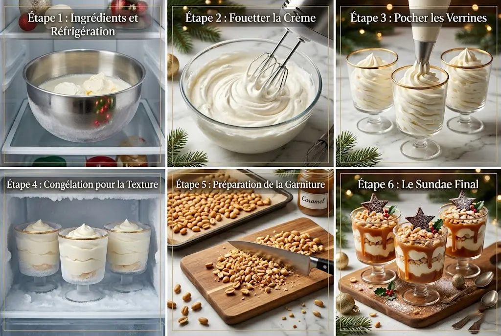 Infographie culinaire en 6 étapes montrant la préparation d'un sundae de Noël : mélange du mascarpone, crème fouettée aérienne, pochage en verrines, passage au congélateur, concassage de cacahuètes grillées et dressage final avec caramel fondant et décorations festives.