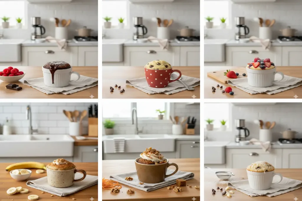 Les 6 recettes de Mug Cakes terminées et cuites au micro-ondes, servies dans différentes tasses, montrant la variété des gâteaux individuels.