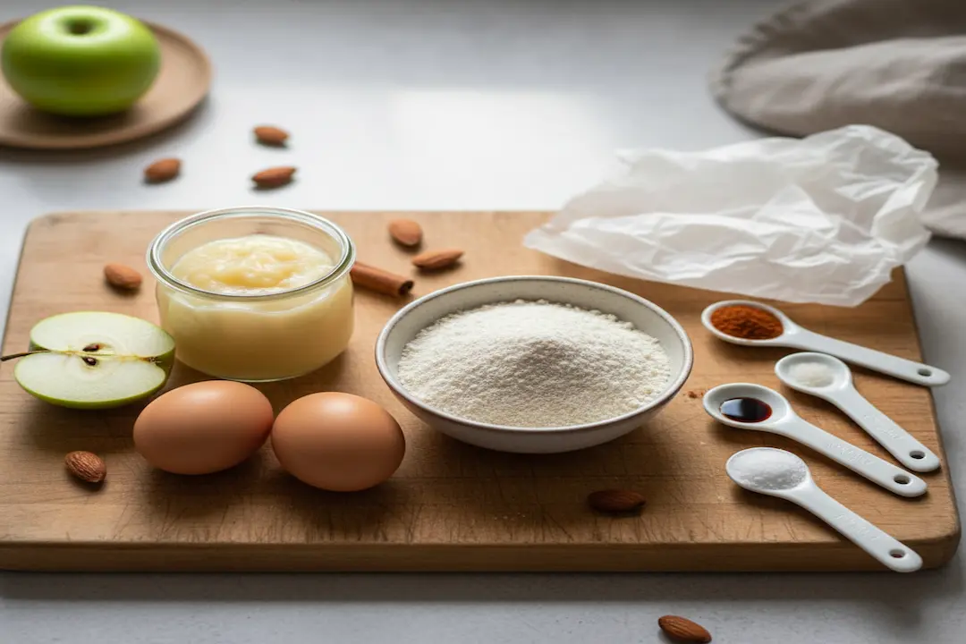 Ingrédients du moelleux aux amandes et compote de pommes : poudre d'amandes, compote sans sucre, œufs, cannelle, vanille.