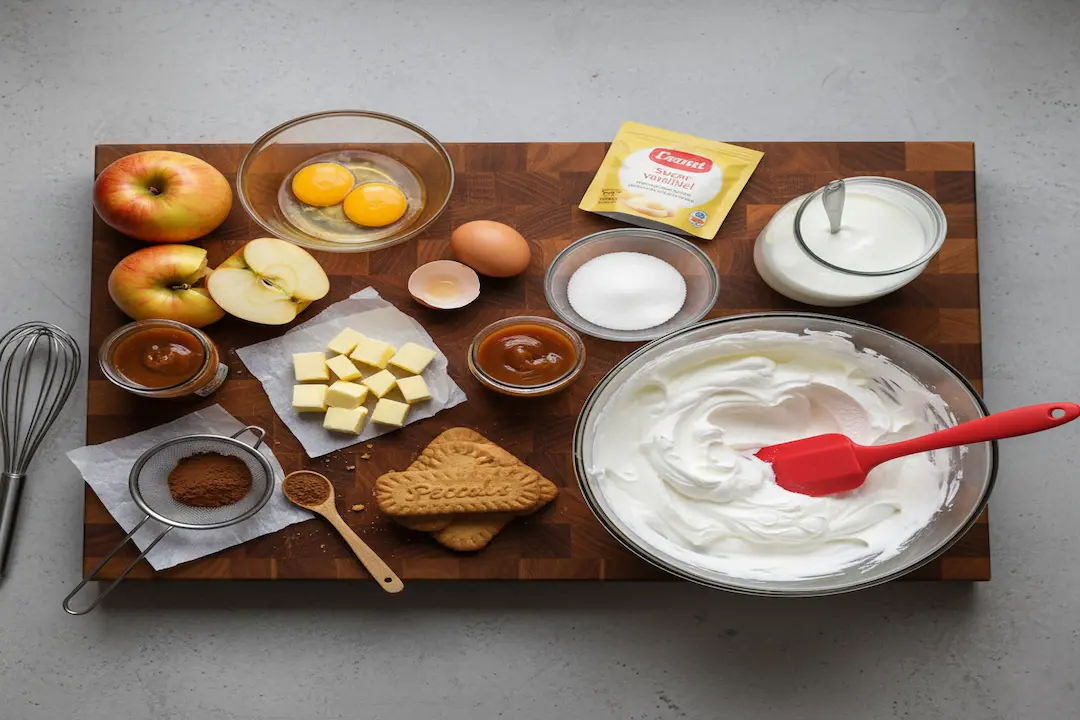 Ingrédients pour Tiramisu Caramel Beurre Salé et Pommes sur une planche : pommes, beurre, sucre, crème liquide, mascarpone, œufs, spéculoos, cacao et sucre vanillé.