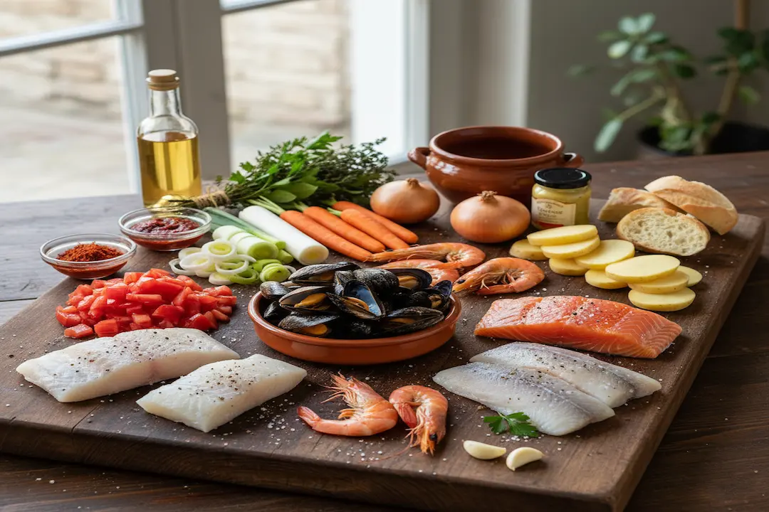 Assortiment d'ingrédients frais pour la Marmite de la Mer et sa Sauce Rouille : cabillaud, saumon, moules, crevettes, légumes, ail, safran et pain sur une planche en bois.