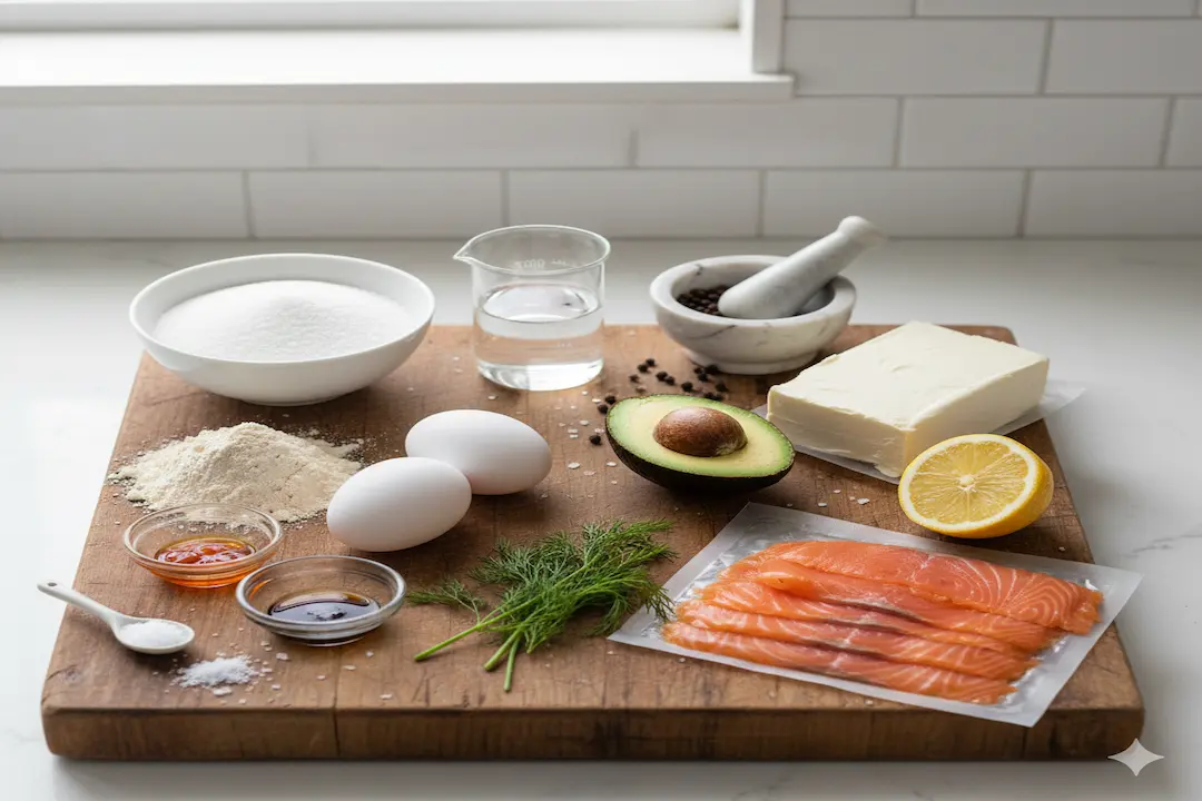 Ingrédients pour macarons salés au saumon et avocat sur une planche en bois : poudre d'amande, œufs, sucre, saumon fumé, avocat, fromage frais, citron.