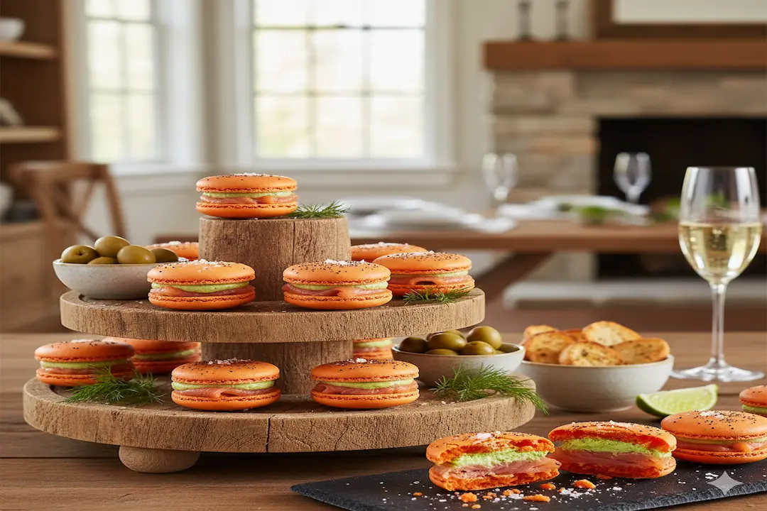Présentation apéritif de macarons salés au saumon et avocat sur un plateau, avec un verre de champagne.