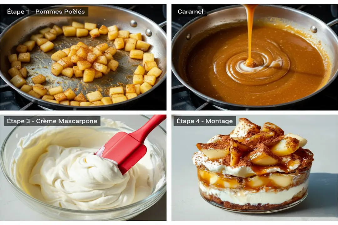 quatre panneaux illustrant les étapes de montage du Tiramisu Caramel Beurre Salé et Pommes en verrines : émiettage de spéculoos, ajout de crème, pommes, caramel, répétition des couches, finition, et repos au réfrigérateur.