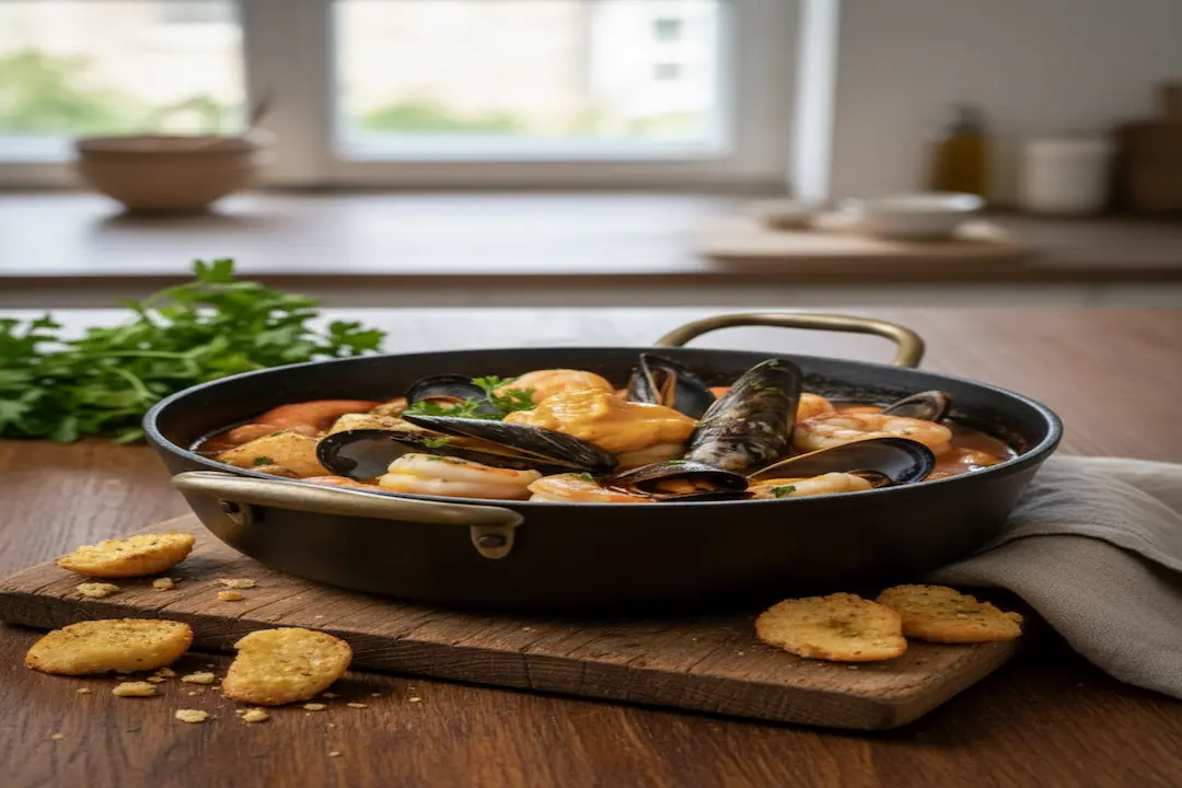 Mise en scène de la Marmite de la Mer et sa Sauce Rouille sur une table avec croûtons aillés, vin blanc et bols de Rouille individuelle.