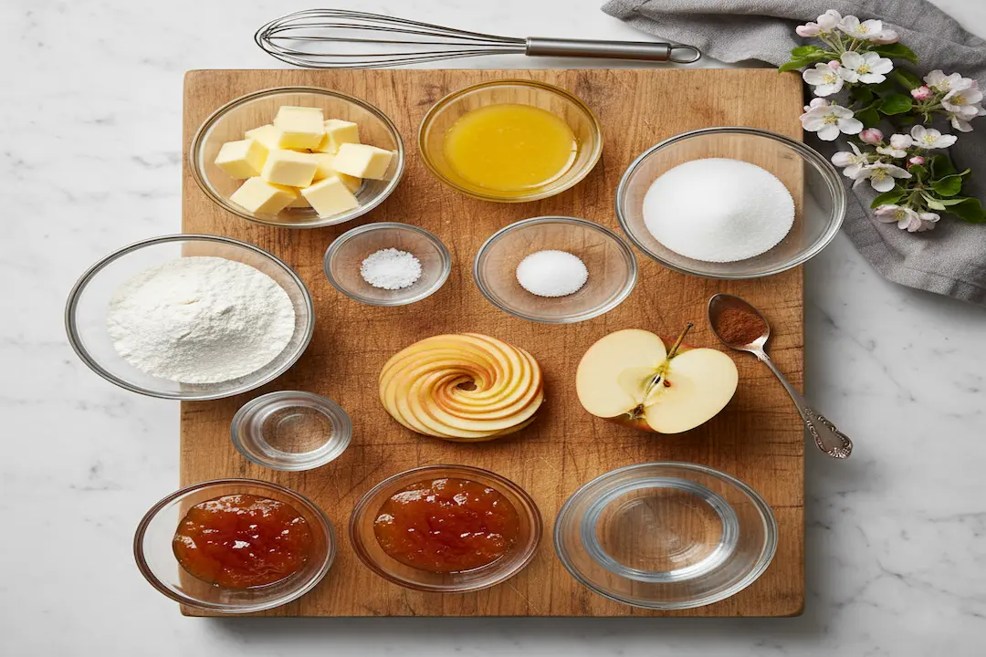 Ingrédients pour pâte brisée et garniture de Tartelettes Fines Maison Pommes : Farine, beurre froid en dés, sucre, sel, cannelle et pommes finement tranchées.