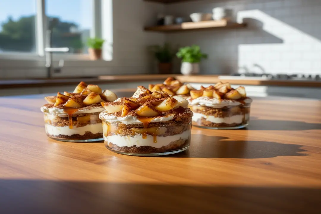 Quatre verrines de Tiramisu Caramel Beurre Salé et Pommes, garnies de gros dés de pommes poêlées, de crème mascarpone, de caramel coulant et de cacao.