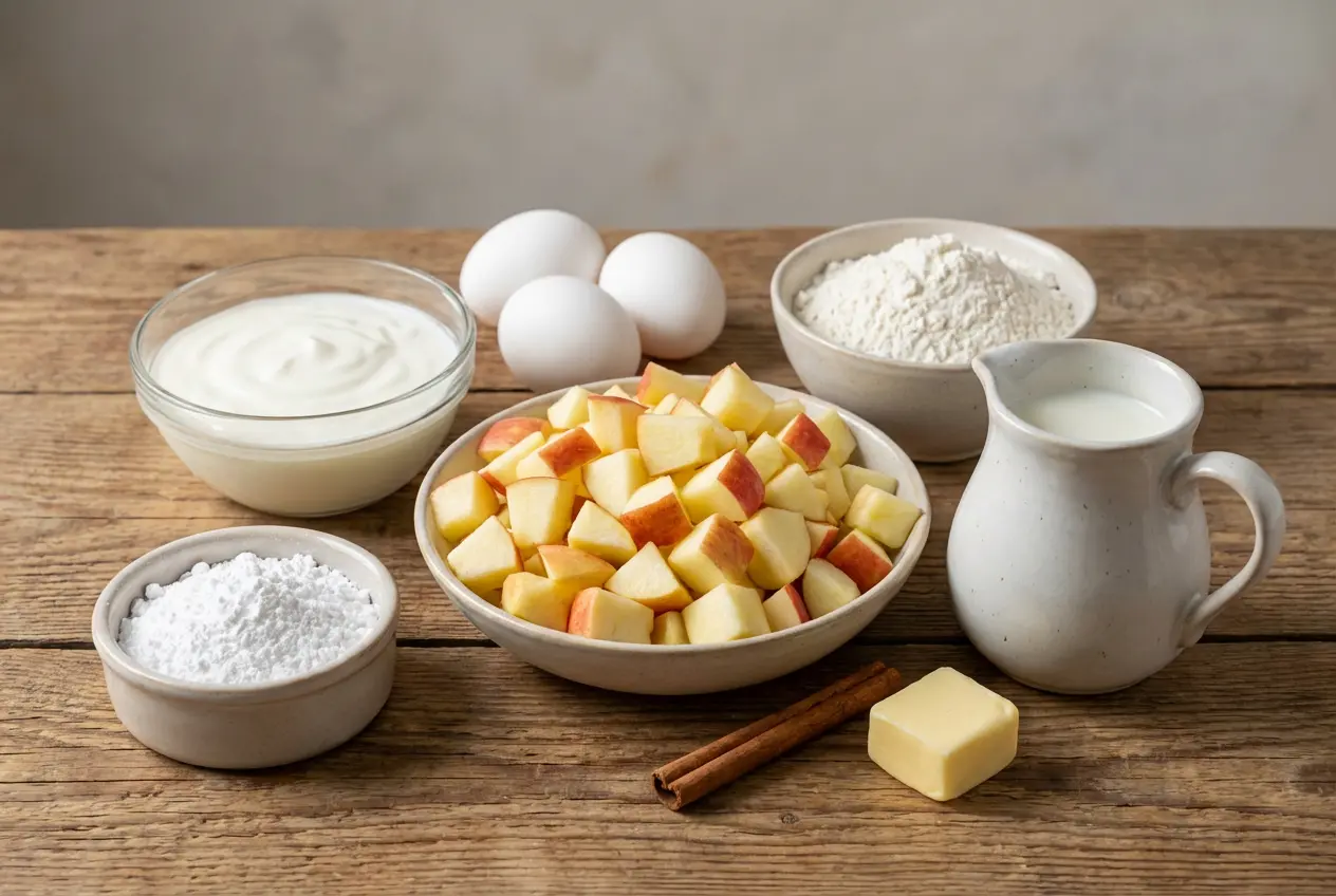 Ingrédients essentiels pour le Flan Maison Pommes–Yaourt Tous les ingrédients de base pour le Flan Maison Pommes–Yaourt : yaourt nature, œufs, pommes rouges, sucre et lait, disposés sur une planche à découper.
