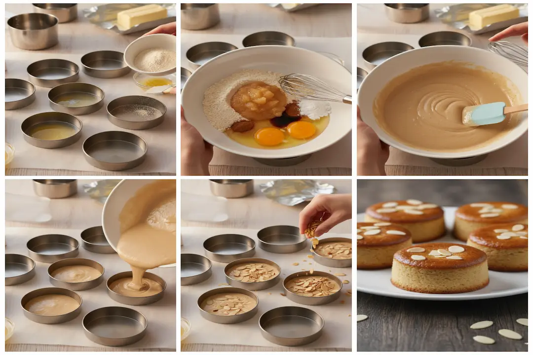 Verser pâte moelleux aux amandes compote de pommes dans moules