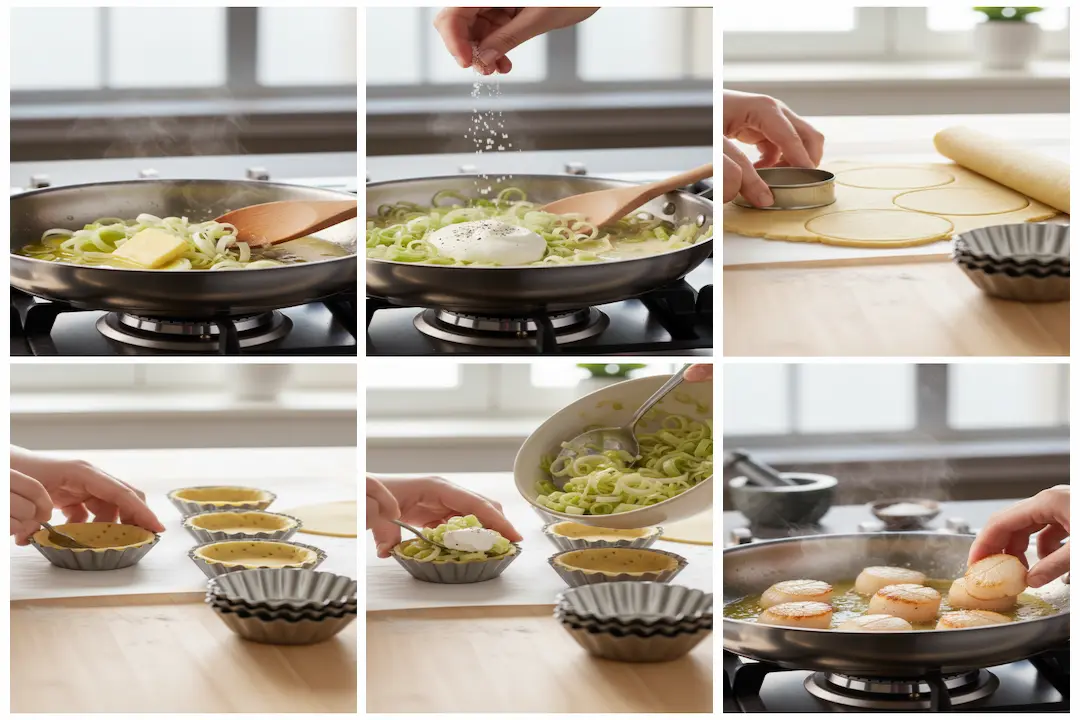 Cuisson de la fondue de poireaux : poireaux émincés dans une poêle avec beurre, crème, sel et poivre sur une cuisinière.