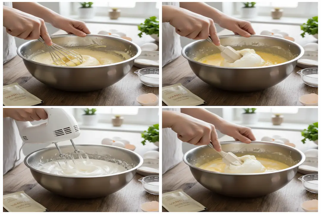 Mains incorporant délicatement des blancs en neige dans une crème au mascarpone et jaunes d'œufs pour un Tiramisu Forêt-Noire.