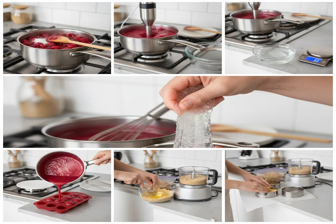 Montage des Dômes Pistache – Cœur Framboise avec mousse pistache et insert de framboise congelé dans des moules demi-sphères.