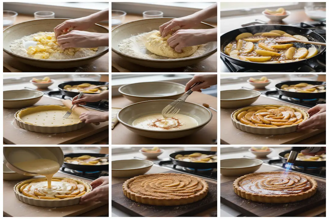 Pommes en tranches caramélisées dans une poêle, étape clé de la Tarte aux Pommes Façon Crème Brûlée.