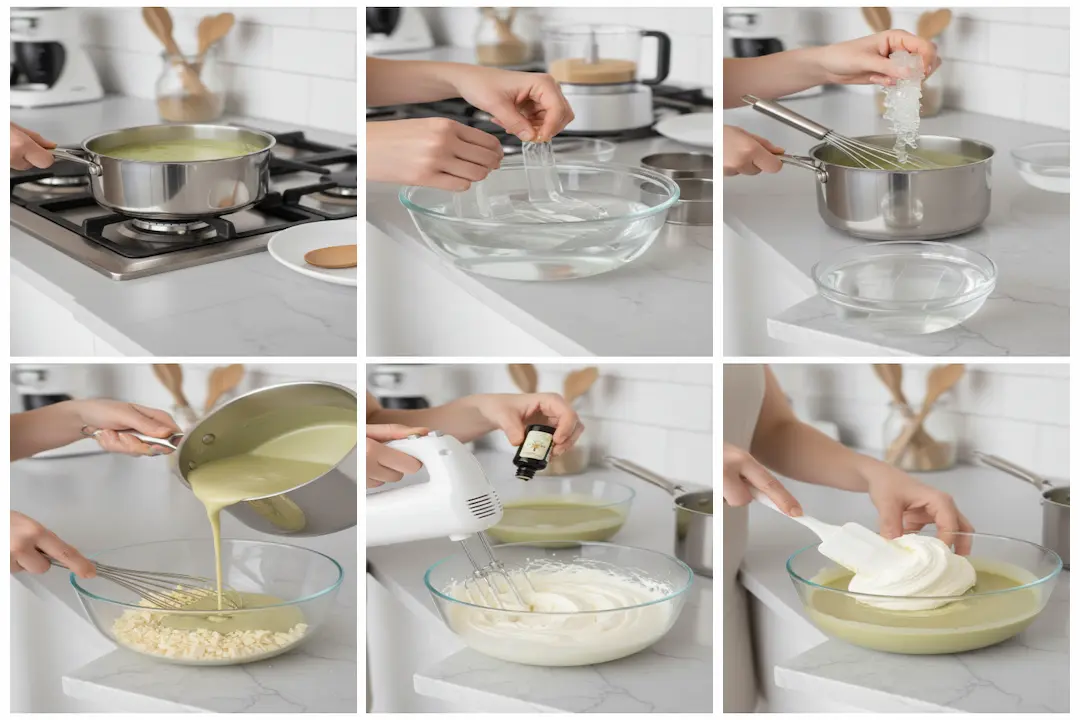 Montage des Dômes Pistache – Cœur Framboise avec mousse pistache et insert de framboise congelé dans des moules demi-sphères.