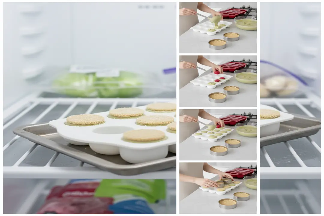 Montage des Dômes Pistache – Cœur Framboise avec mousse pistache et insert de framboise congelé dans des moules demi-sphères.