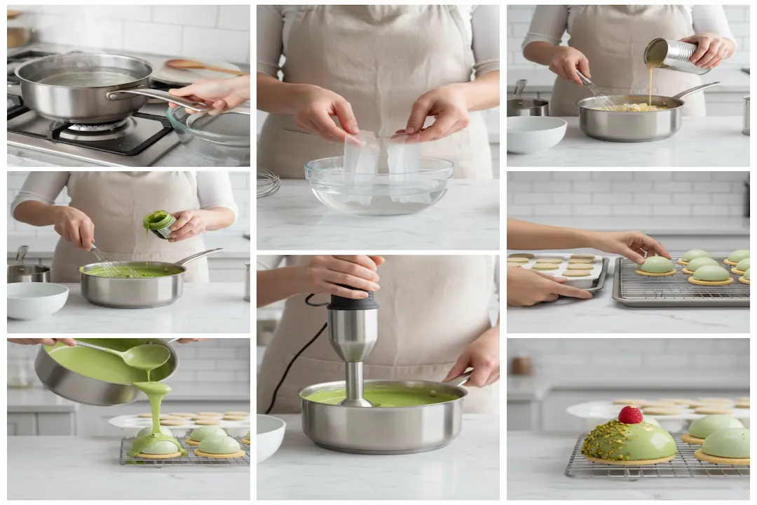 Montage des Dômes Pistache – Cœur Framboise avec mousse pistache et insert de framboise congelé dans des moules demi-sphères.