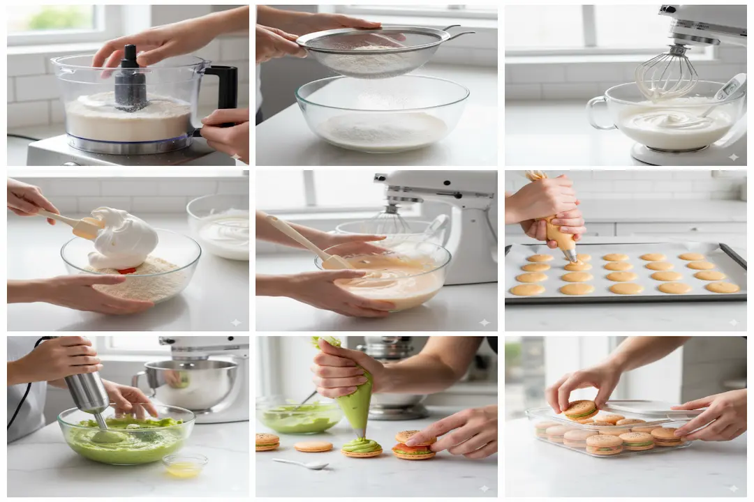 Étape de montage d'un macaron salé : une poche à douille dépose de la crème d'avocat sur une coque de macaron orange.