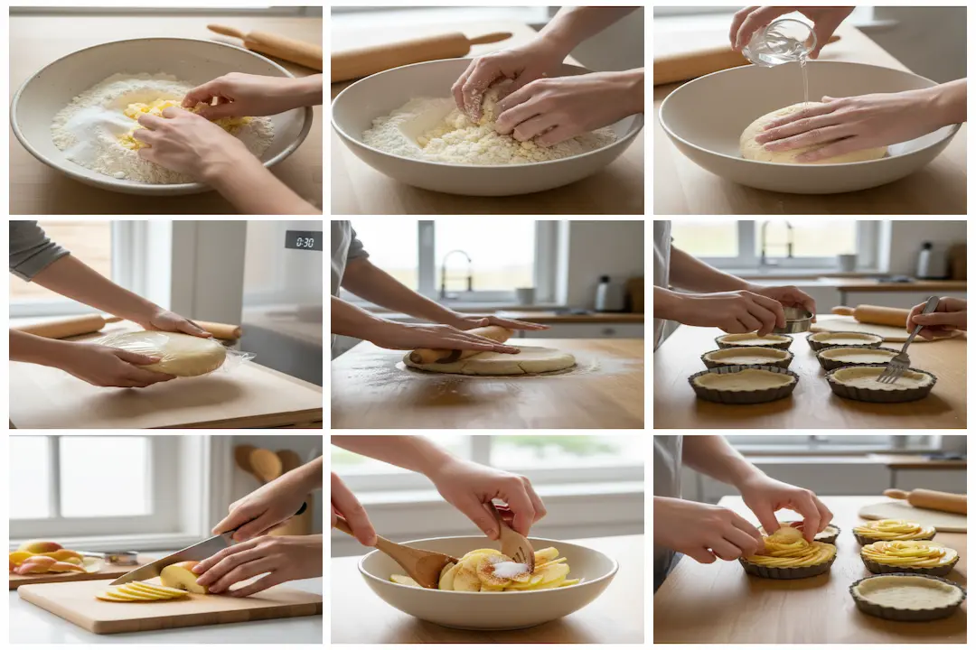 Préparation : Disposition des fines tranches de pommes en rosace sur les fonds de pâte brisée avant la cuisson.