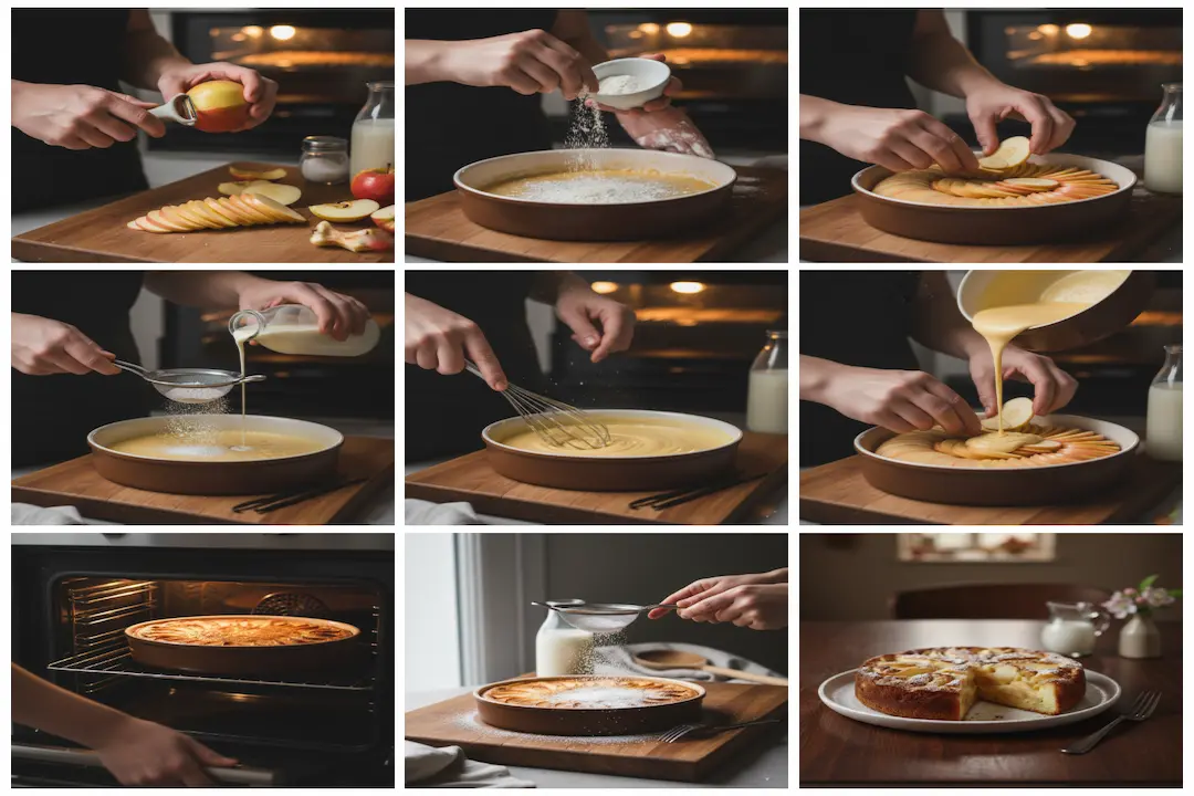 Verser l'appareil à clafoutis sur les lamelles de pommes dans le moule avant la cuisson.