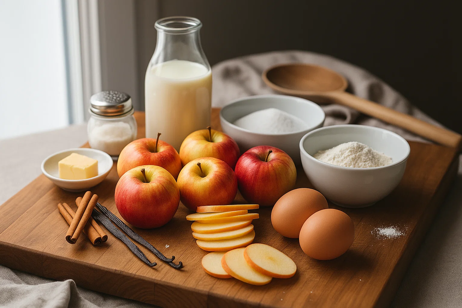 Ingrédients pour le Clafoutis Express aux Pommes sur une table : pommes, œufs, farine, sucre et crème.