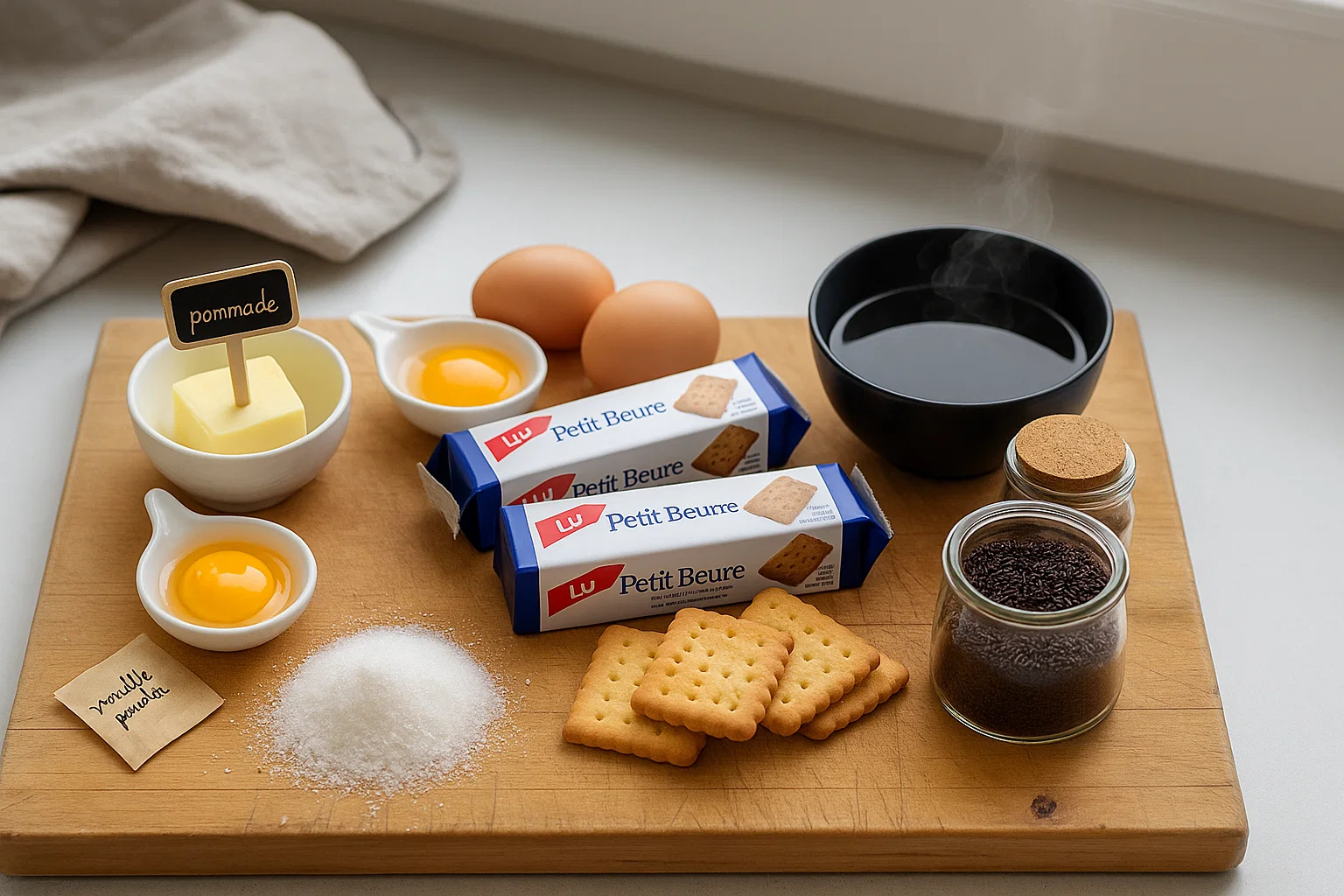 Ingrédients pour Gâteau Petit Beurre au Café avec beurre, œufs, sucre, café, biscuits, vermicelles