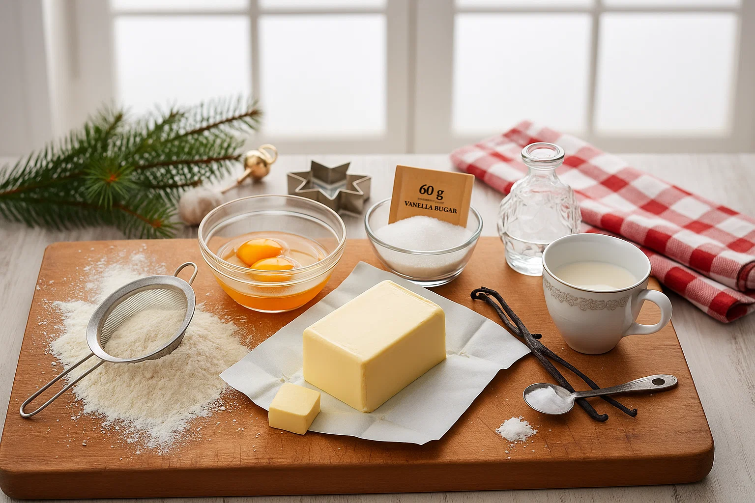 Ingrédients pour biscuits sablés de Noël : farine, jaunes d'œufs, beurre ramolli, sucre glace, crème liquide, sucre vanillé, sel sur planche en bois.
