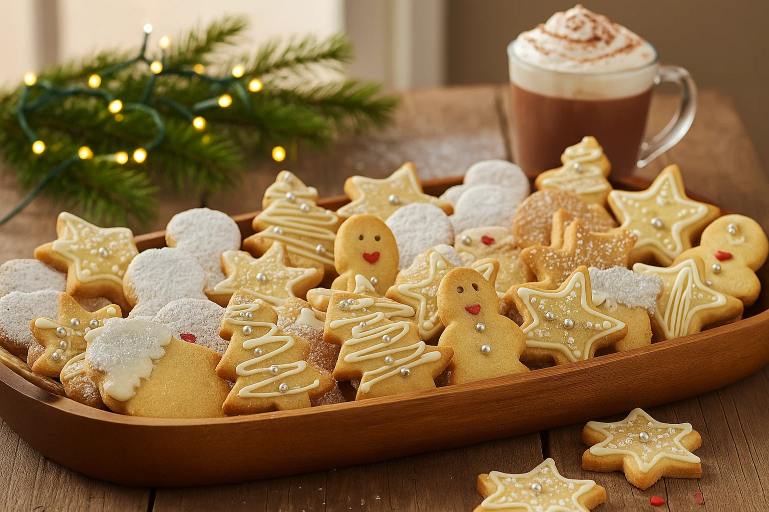 Grand plateau en bois rempli de Biscuits sablés de Noël décorés, près d'une tasse de chocolat chaud et guirlande lumineuse.