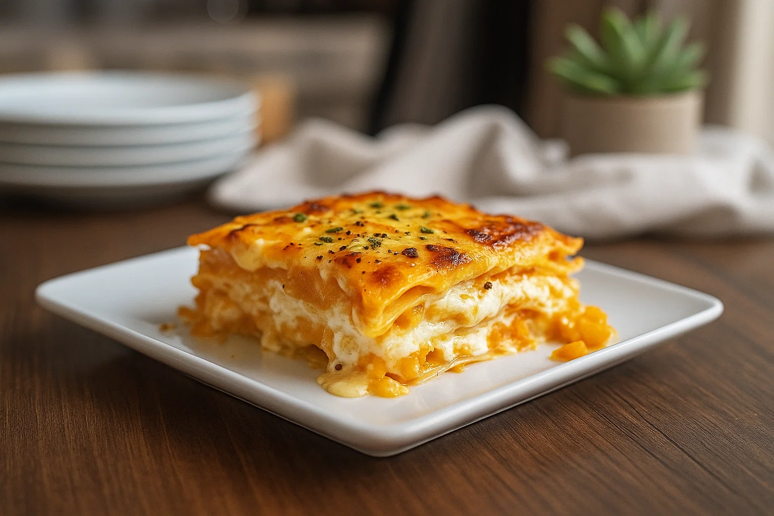 Une tranche généreuse de Lasagnes Courge Butternut et Chèvre avec des couches visibles de pâte, de sauce orange (potiron ou carotte) et de fromage crémeux, servie sur une assiette carrée blanche sur une table en bois foncé. En arrière-plan flou, on aperçoit une pile d'assiettes et une plante verte.