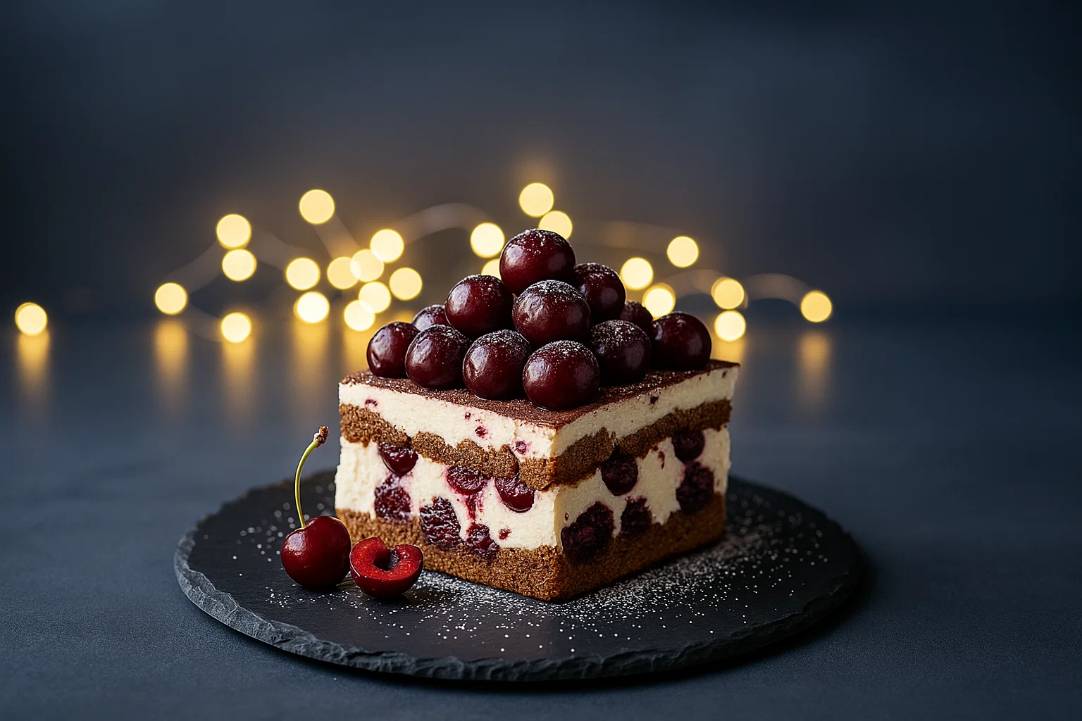 Tiramisu Forêt-Noire riche et onctueux, saupoudré de cacao, avec des couches de crème, biscuits, cerises et chocolat visibles dans un plat élégant.