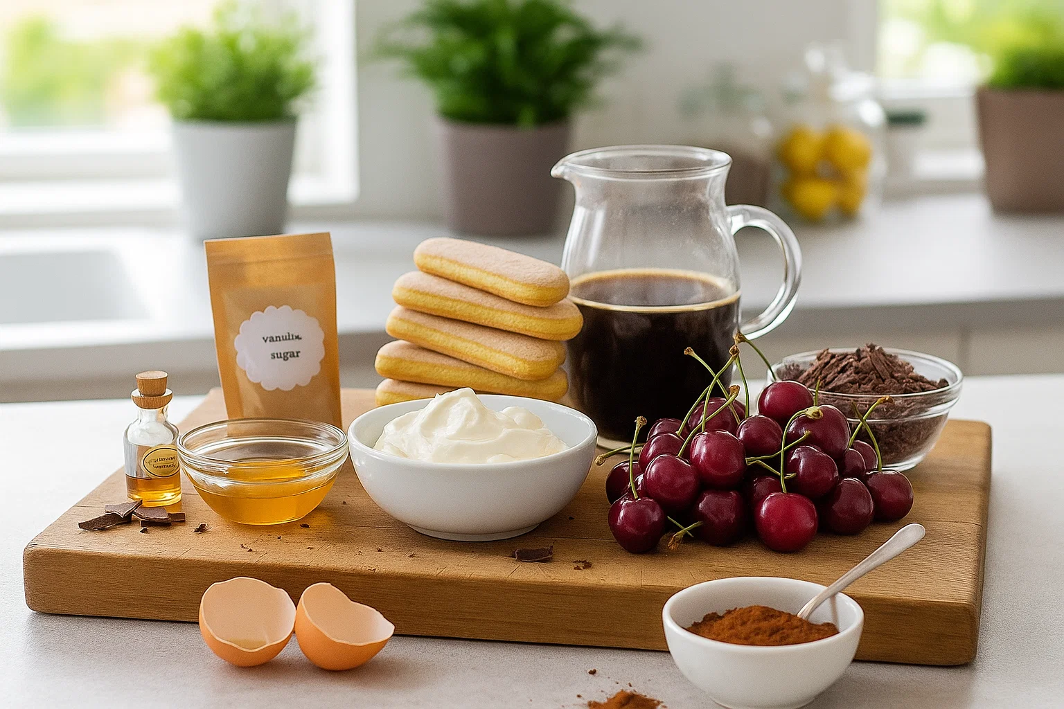 Ingrédients du Tiramisu Forêt-Noire frais : mascarpone, œufs, sucre, biscuits à la cuillère, cerises, chocolat noir, café froid, cacao et Kirsch.