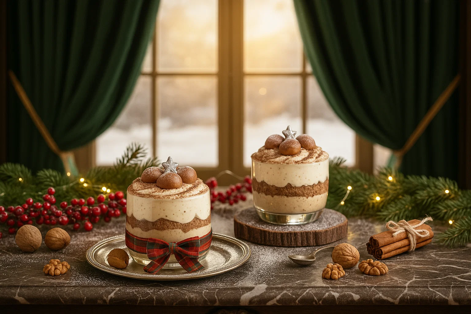 Deux verrines de dessert aux marrons avec des décorations de Noël sur une table en marbre devant une fenêtre enneigée.