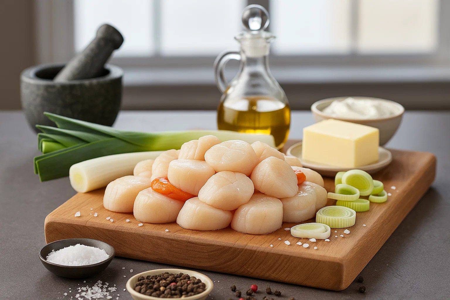 Ingrédients pour tartelettes aux coquilles Saint-Jacques sur planche à découper : poireaux, Saint-Jacques, beurre, huile d'olive, crème, sel, poivre.