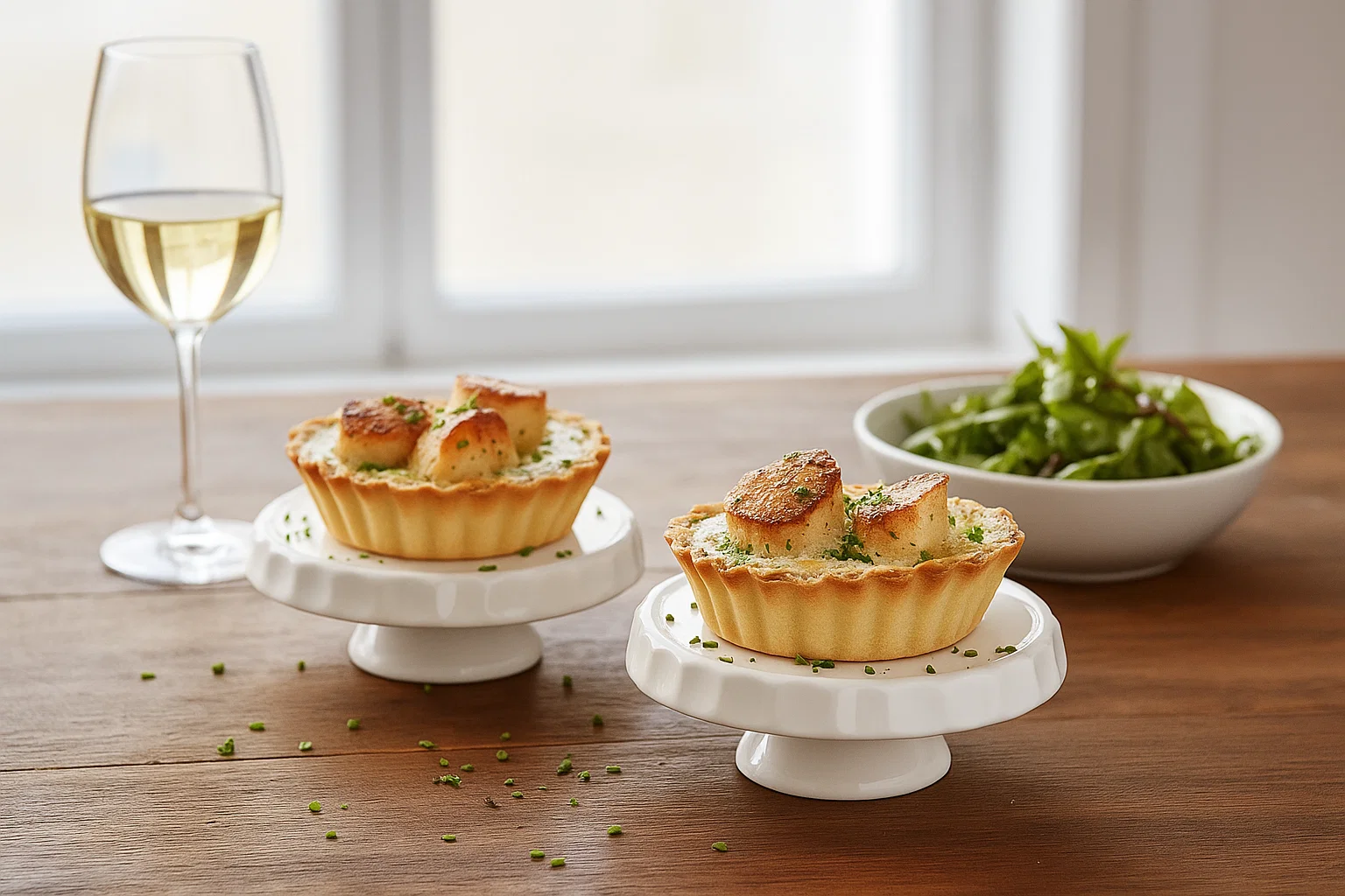 Deux tartelettes aux Saint-Jacques et fondue de poireaux fumantes sur petits présentoirs, avec verre de vin blanc et salade en arrière-plan.
