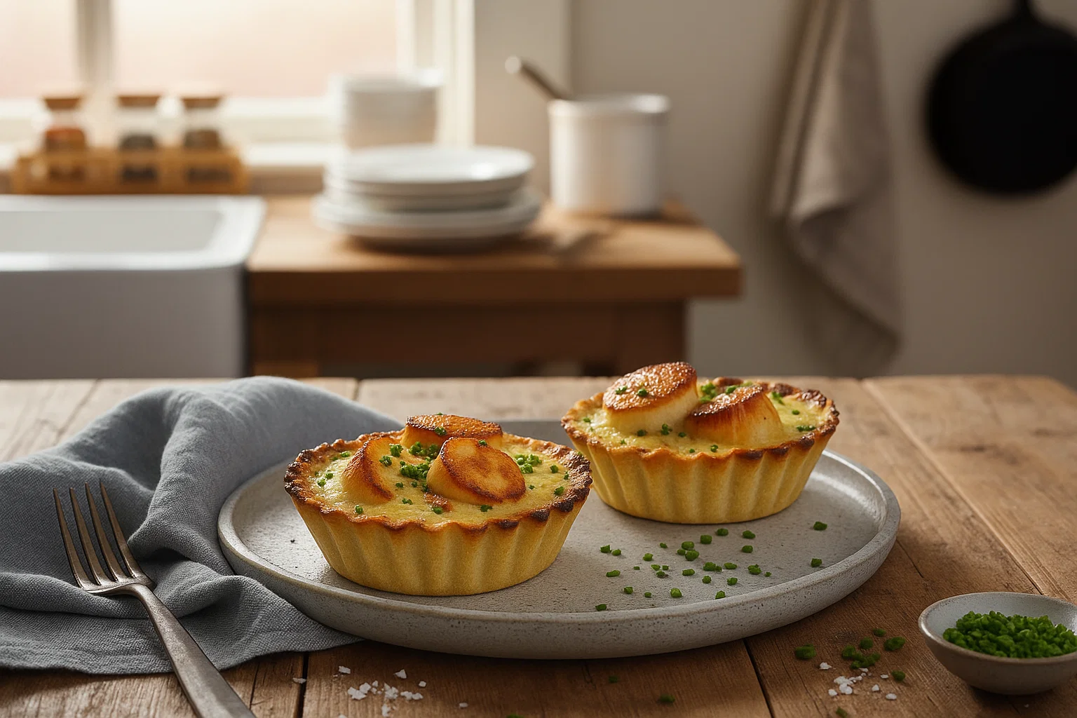 Deux tartelettes aux Saint-Jacques et fondue de poireaux fumantes sur petits présentoirs, avec verre de vin blanc et salade en arrière-plan.
