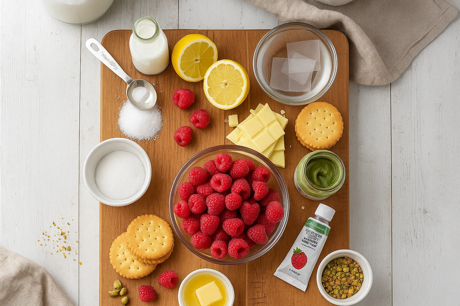 Ingrédients pour Dômes Pistache – Cœur Framboise (framboises, pâte de pistache, chocolat blanc, gélatine, biscuits sablés) sur une planche en bois.