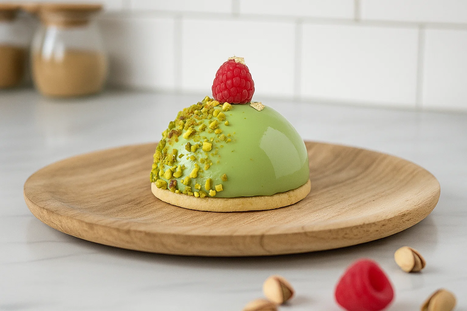 Dômes Pistache – Cœur Framboise finis, glaçés et décorés de pistaches concassées et framboises fraîches sur un plat élégant.