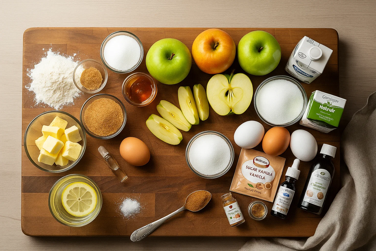 Tous les ingrédients frais et secs pour la Tarte aux Pommes Façon Crème Brûlée disposés sur une planche à découper en bois. On y voit de la farine, du beurre, des œufs, des pommes (Golden et Granny Smith), du sucre, de la cannelle, de la crème liquide et du sucre vanillé, prêts pour la préparation.