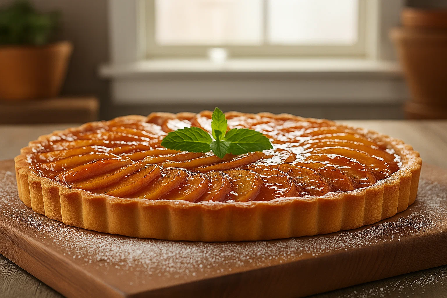 Tarte aux Pommes Façon Crème Brûlée entière, fraîchement caramélisée, croûte dorée et brillante.