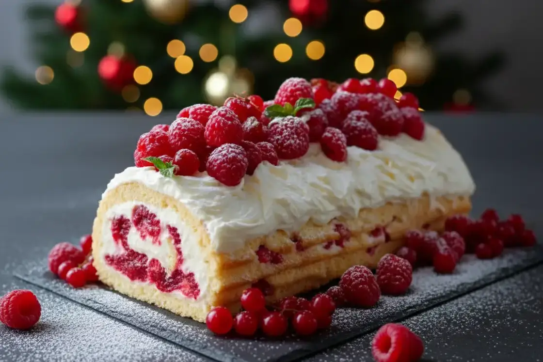 Bûche de Noël mascarpone & framboise blanche décorée de framboises rouges sur un plateau noir moderne, saupoudrée de sucre glace.