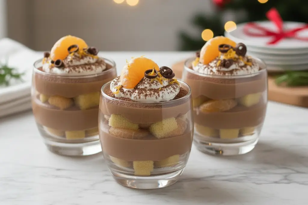 Trois verrines de Tiramisu de Noël au Chocolat et Clémentine décorées pour les fêtes, saupoudrées de cacao, et garnies de crème blanche, d'un quartier de clémentine et/ou de zeste.