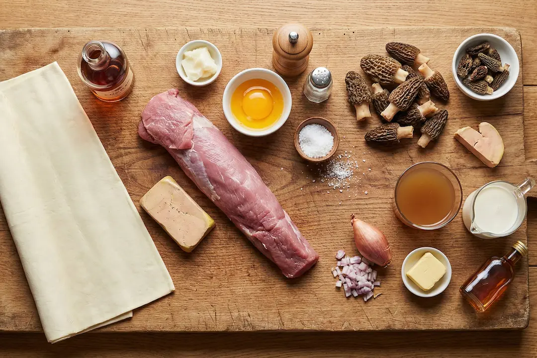 Ingrédients frais pour la recette de Filet Mignon en Croûte au Foie Gras posés sur une planche en bois.