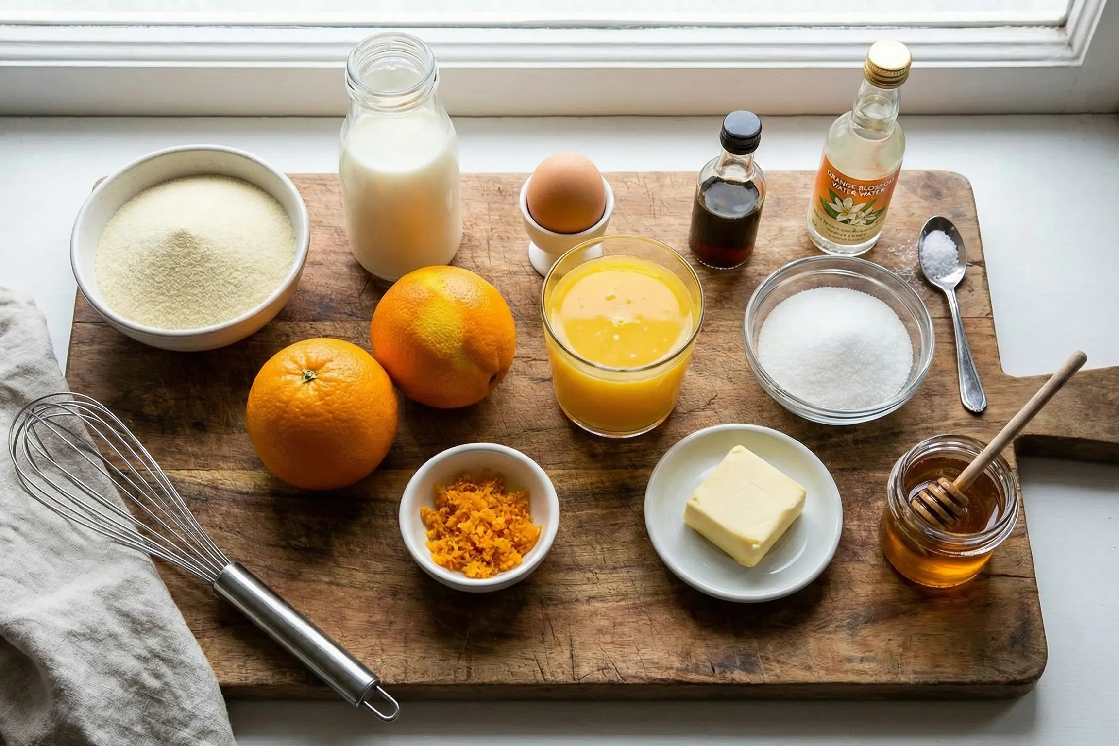 Vue de dessus des ingrédients frais pour le gâteau de semoule à l'orange disposés sur une planche en bois, incluant semoule fine, lait, oranges bio, œuf et miel. Title : Ingrédients Essentiels pour le Gâteau de Semoule à l’Orange